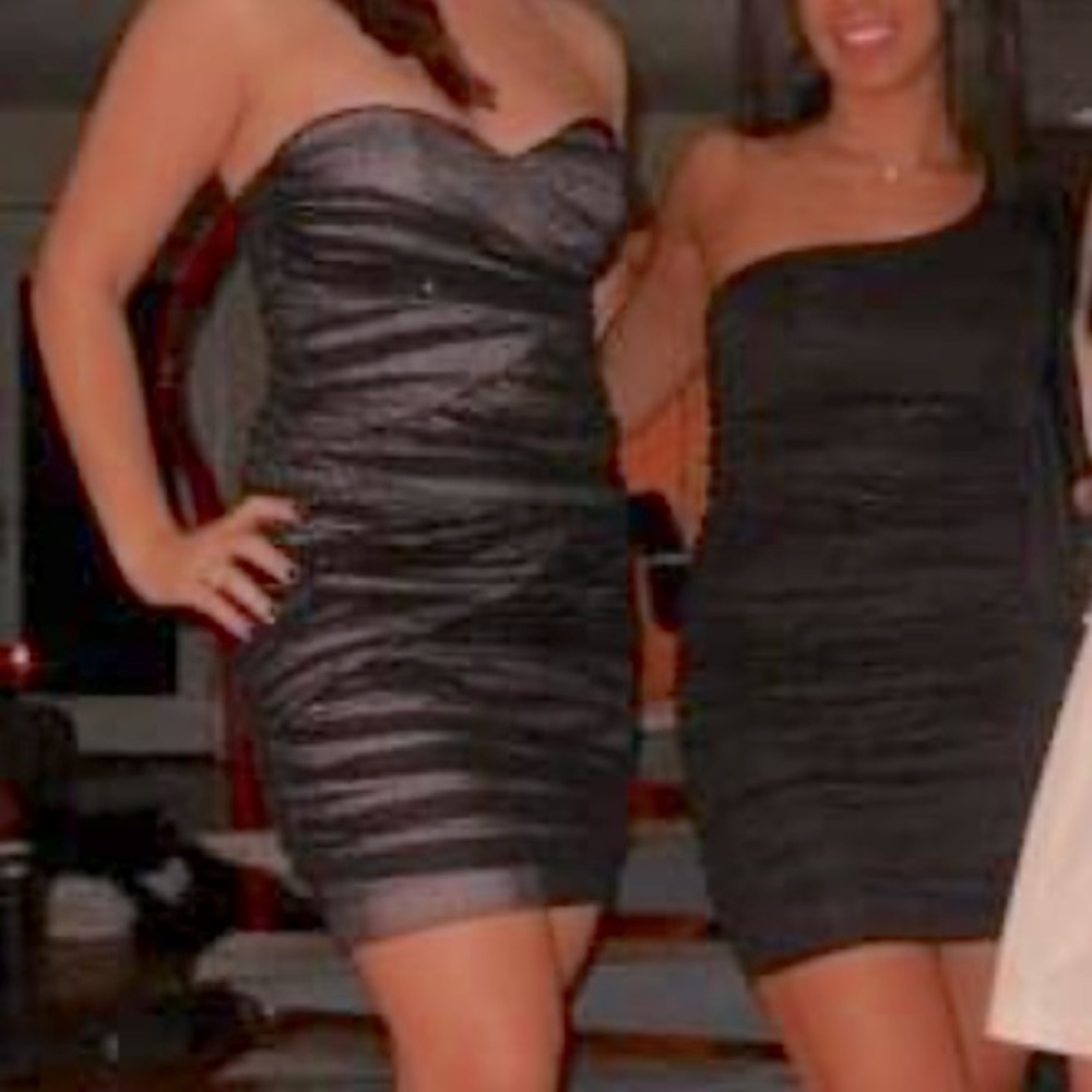 Strapless black and pink body con party dress